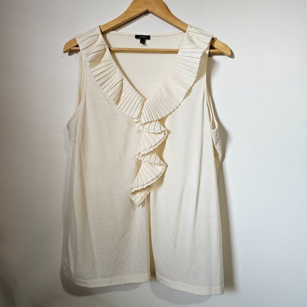 EUC TALBOTS CREAM V NECK RUFFLED SLEEVELESS TOP SIZE XL